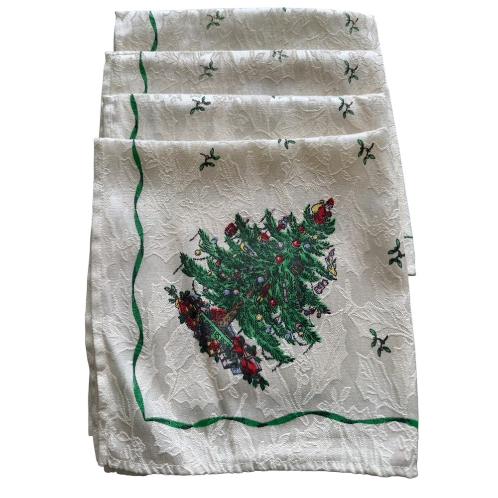 Vintage Spode Christmas Tree Embroidered Damask Napkins‎ Set of 4 Holiday